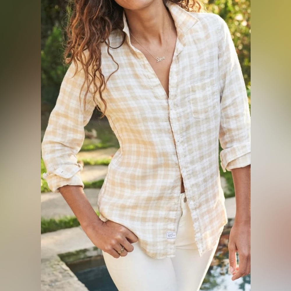Frank & Eileen Barry linen button up sand plaid